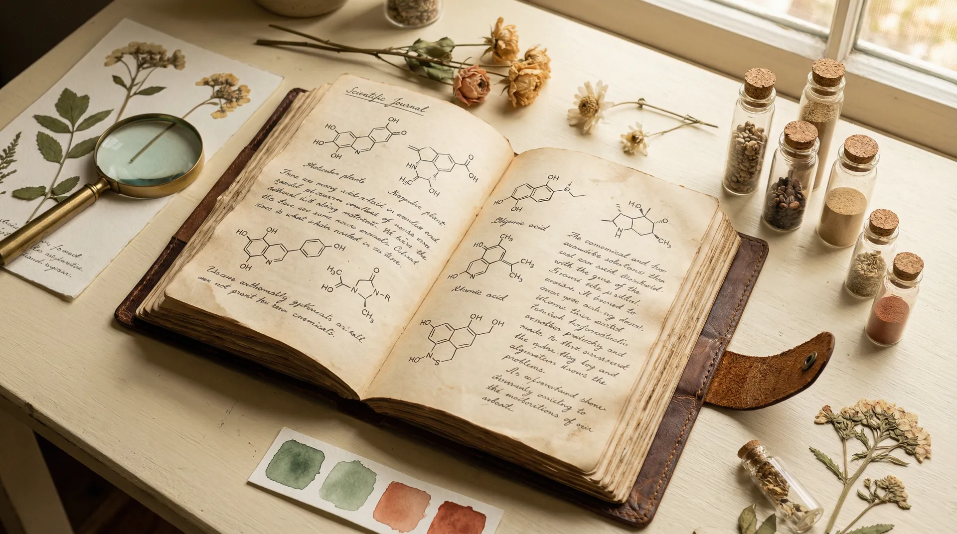 Scientific journal with molecular diagrams